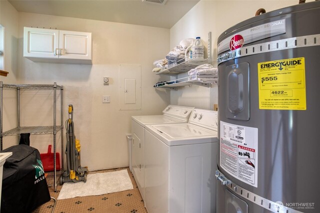 580 Mt Olympus Ave SE, Ocean Shores, WA 98569 - laundry room with water heater, cabinet space, washing machine and clothes dryer, light tile patterned floors, and electric panel