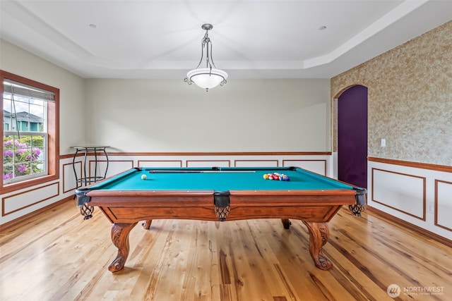 2616 171st Ave E, Lake Tapps, WA 98391 - rec room with wainscoting, billiards, a raised ceiling, wood-type flooring, and wallpapered walls
