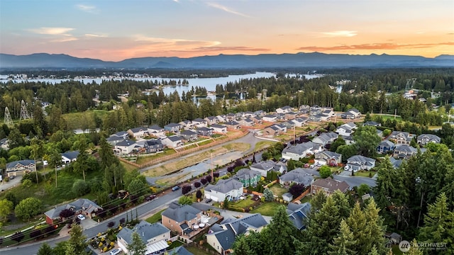 2616 171st Ave E, Lake Tapps, WA 98391 - aerial view at dusk of a residential view, a view of trees, and a water and mountain view