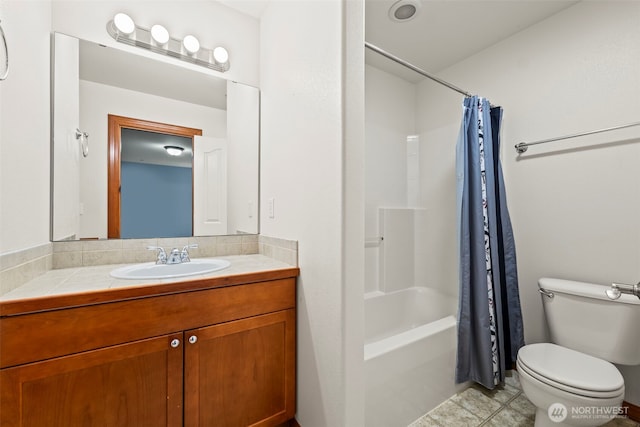 2616 171st Ave E, Lake Tapps, WA 98391 - bathroom featuring toilet, vanity, shower / bathtub combination with curtain, and tile patterned flooring