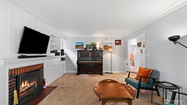 1109 University St, Walla Walla, WA 99362 - living room featuring ornamental molding, light carpet, a fireplace, built in shelves, and baseboards
