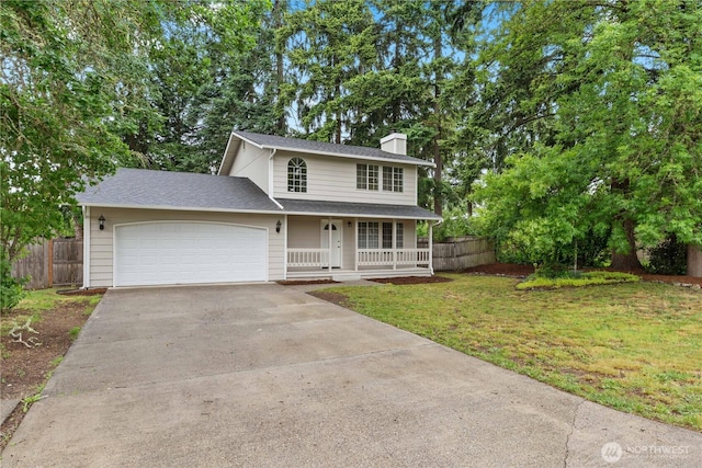 18802 10th Avenue Ct E, Tacoma, WA 98387 - traditional-style home with a porch, driveway, a chimney, an attached garage, and a shingled roof