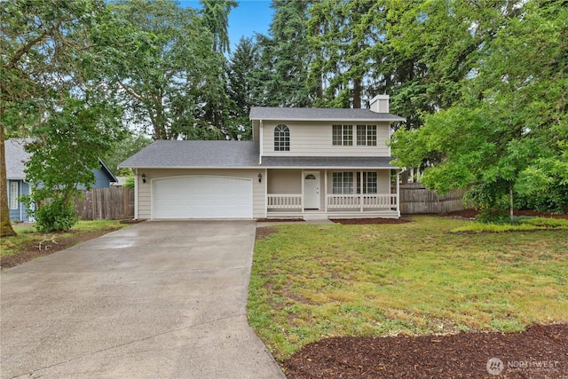 18802 10th Avenue Ct E, Tacoma, WA 98387 - traditional-style house featuring a chimney, concrete driveway, a garage, and covered porch