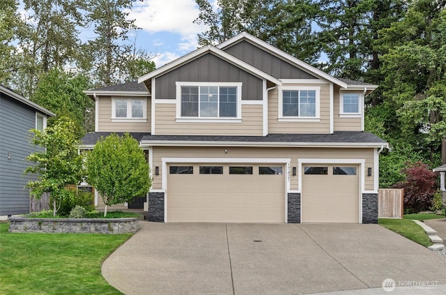 17421 128th Avenue Ct E, Puyallup, WA 98374 - craftsman inspired home with a garage, driveway, stone siding, and board and batten siding
