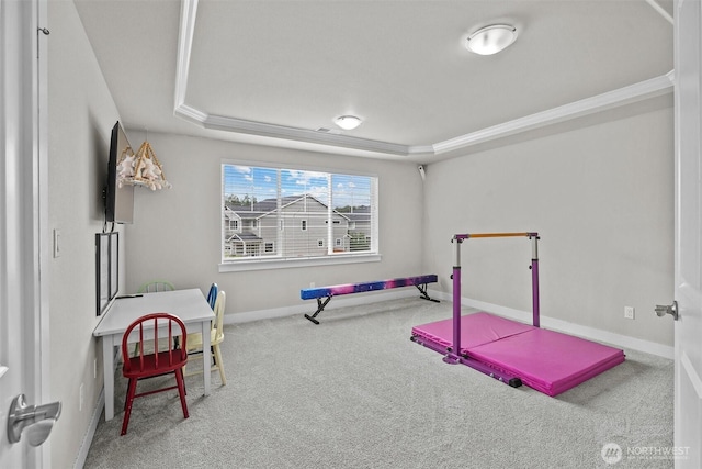 17421 128th Avenue Ct E, Puyallup, WA 98374 - recreation room featuring a tray ceiling, carpet flooring, baseboards, and ornamental molding
