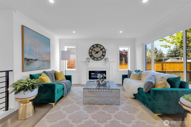 8042 19th Ave NW, Seattle, WA 98117 - living room with wood finished floors, recessed lighting, and a glass covered fireplace