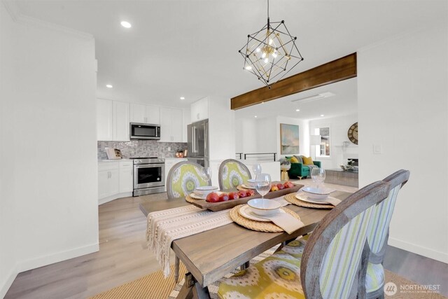 8042 19th Ave NW, Seattle, WA 98117 - dining space featuring recessed lighting, light wood finished floors, a chandelier, and baseboards