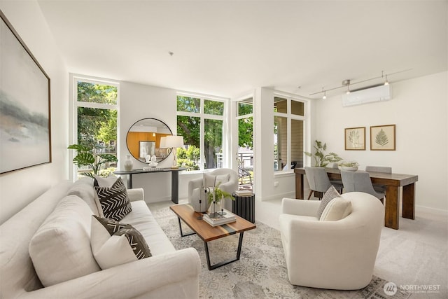 145 Ferncliff Ave NE Unit D338, Bainbridge Island, WA 98110 - living room with a wall mounted AC, carpet floors, and baseboards