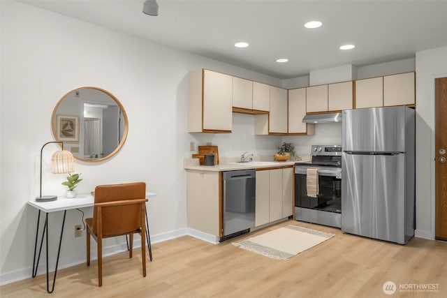 211 Summit Ave E Unit S218, Seattle, WA 98102 - kitchen with appliances with stainless steel finishes, under cabinet range hood, light wood finished floors, light countertops, and baseboards