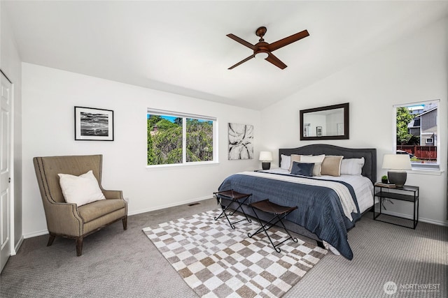 3534 SW Monroe St, Seattle, WA 98126 - carpeted bedroom with baseboards, lofted ceiling, and a ceiling fan