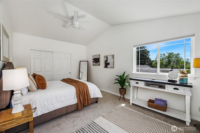 3534 SW Monroe St, Seattle, WA 98126 - carpeted bedroom with lofted ceiling, a closet, ceiling fan, and baseboards