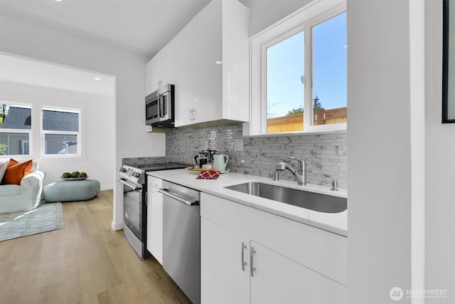 8040 19th Ave NW, Seattle, WA 98117 - kitchen featuring appliances with stainless steel finishes, a sink, backsplash, and light wood finished floors