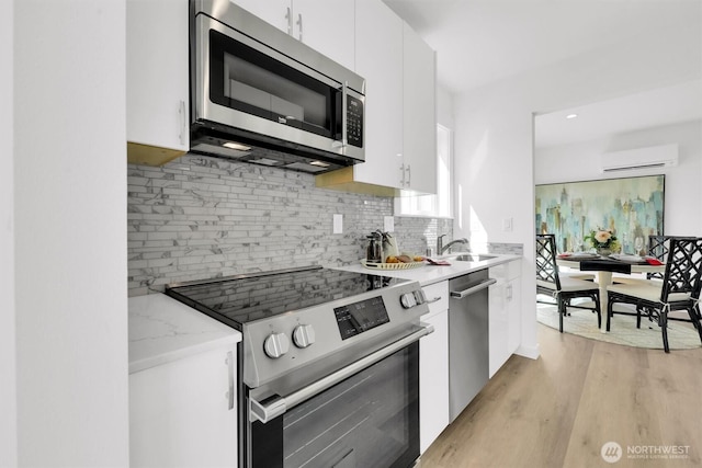8040 19th Ave NW, Seattle, WA 98117 - kitchen with appliances with stainless steel finishes, an AC wall unit, white cabinets, tasteful backsplash, and light wood finished floors
