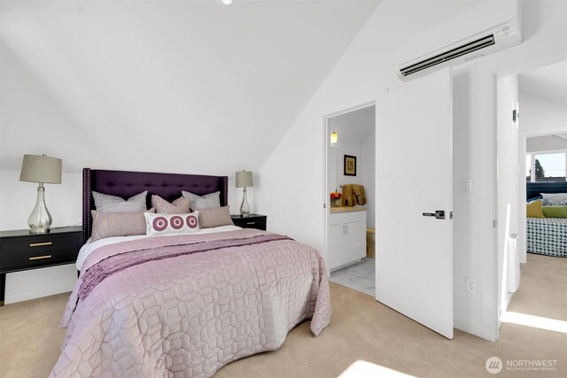 8040 19th Ave NW, Seattle, WA 98117 - bedroom featuring a wall unit AC, light colored carpet, lofted ceiling, and connected bathroom