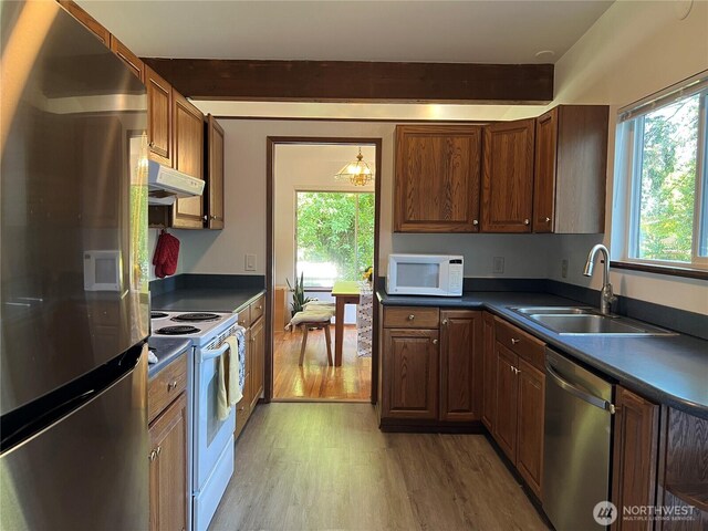 12509 SE 48th Pl, Bellevue, WA 98006 - kitchen featuring appliances with stainless steel finishes, a sink, light wood-style flooring, dark countertops, and under cabinet range hood
