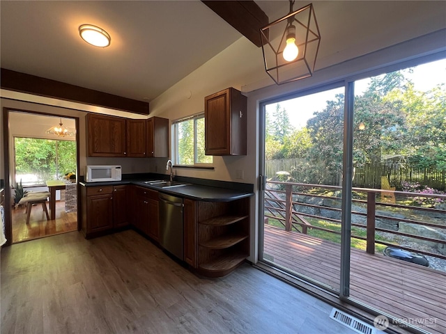 12509 SE 48th Pl, Bellevue, WA 98006 - kitchen featuring white microwave, dishwasher, a sink, open shelves, and dark countertops