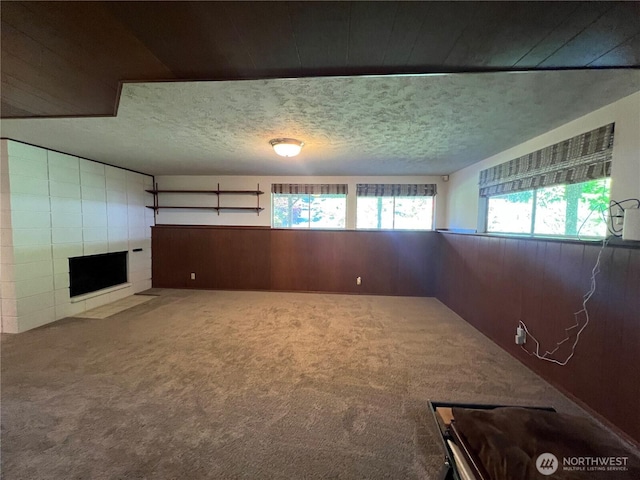 12509 SE 48th Pl, Bellevue, WA 98006 - spare room featuring wooden walls, carpet floors, a textured ceiling, a tiled fireplace, and wainscoting
