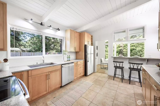 639 130th Ave NE, Bellevue, WA 98005 - kitchen featuring appliances with stainless steel finishes, a sink, light tile patterned flooring, wooden ceiling, and light stone countertops
