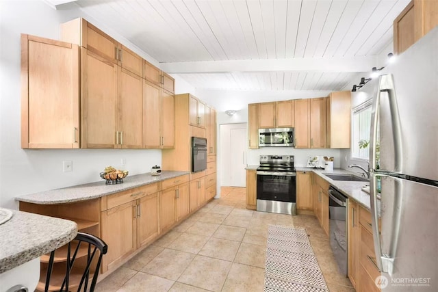 639 130th Ave NE, Bellevue, WA 98005 - kitchen featuring appliances with stainless steel finishes, wood ceiling with exposed beams, a sink, light tile patterned floors, and light brown cabinetry