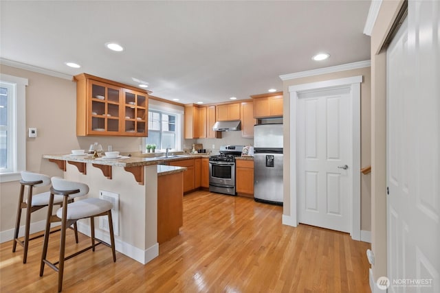 1738 NW 59th St Unit A, Seattle, WA 98107 - kitchen with under cabinet range hood, stainless steel appliances, a peninsula, a sink, and glass insert cabinets
