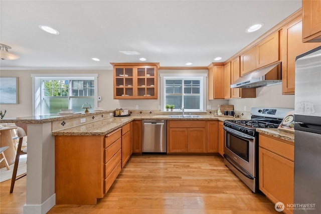 1738 NW 59th St Unit A, Seattle, WA 98107 - kitchen featuring stainless steel appliances, under cabinet range hood, a peninsula, ornamental molding, and glass insert cabinets