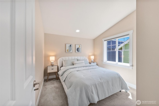 1738 NW 59th St Unit A, Seattle, WA 98107 - bedroom with light colored carpet, baseboards, vaulted ceiling, and recessed lighting