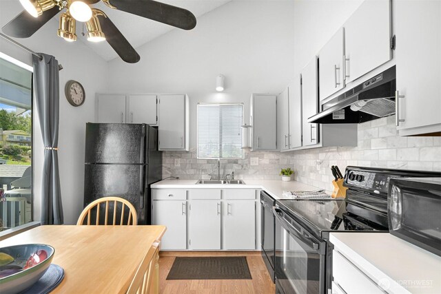 7530 Birch Bay Dr Unit 210, Blaine, WA 98230 - kitchen featuring under cabinet range hood, black appliances, a sink, light countertops, and tasteful backsplash