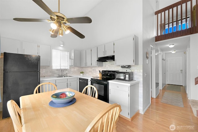 7530 Birch Bay Dr Unit 210, Blaine, WA 98230 - kitchen with black appliances, under cabinet range hood, a sink, ceiling fan, and tasteful backsplash