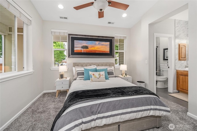 4301 Mckinley St NE, Lacey, WA 98516 - bedroom with connected bathroom, ceiling fan, recessed lighting, and carpet floors