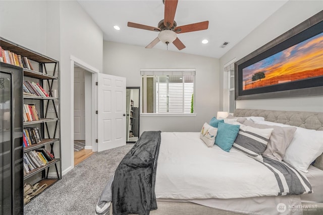 4301 Mckinley St NE, Lacey, WA 98516 - bedroom featuring lofted ceiling, recessed lighting, wood finished floors, and a ceiling fan