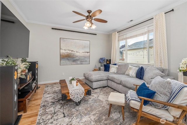 4301 Mckinley St NE, Lacey, WA 98516 - living room featuring ceiling fan, crown molding, and light wood-style flooring