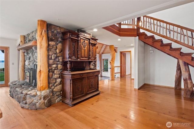 2548 S Camano Dr, Camano Island, WA 98282 - living area featuring light wood finished floors, recessed lighting, stairs, and baseboards