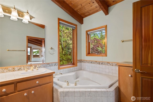2548 S Camano Dr, Camano Island, WA 98282 - bathroom featuring vanity, a garden tub, and wood ceiling