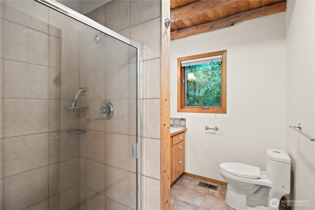 2548 S Camano Dr, Camano Island, WA 98282 - full bathroom with toilet, a shower stall, vanity, and wood ceiling with exposed beams