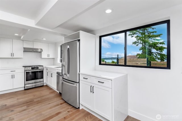 7253 S Taft St, Seattle, WA 98178 - kitchen with appliances with stainless steel finishes, under cabinet range hood, light countertops, white cabinetry, and recessed lighting