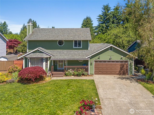 4404 29th Ave SE, Lacey, WA 98503 - view of front facade with an attached garage, driveway, a porch, a chimney, and a shingled roof