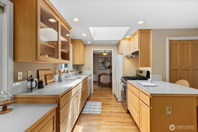 22035 99th Pl W, Edmonds, WA 98020 - kitchen featuring gas stove, under cabinet range hood, a sink, a skylight, and freestanding refrigerator
