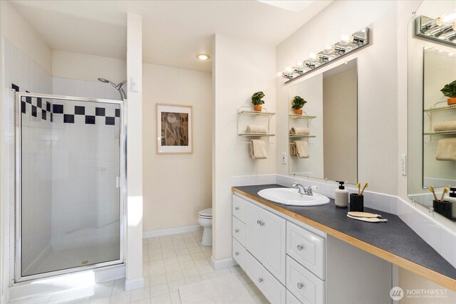 22035 99th Pl W, Edmonds, WA 98020 - bathroom with a shower stall, toilet, vanity, and tile patterned flooring