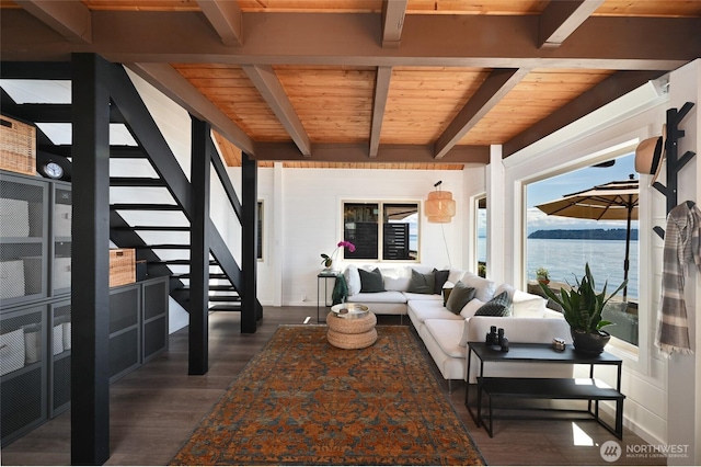 8200 Naketa Beach Walk, Mukilteo, WA 98275 - living room featuring wood ceiling with exposed beams, dark wood-style flooring, stairs, and a water view