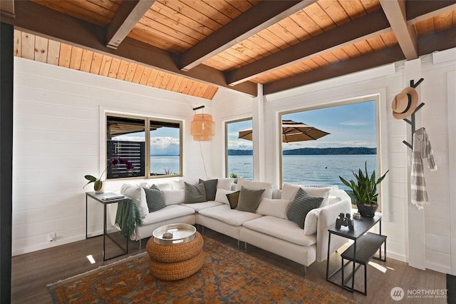 8200 Naketa Beach Walk, Mukilteo, WA 98275 - living room with wooden ceiling, dark wood-type flooring, a water view, and baseboards