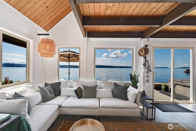 8200 Naketa Beach Walk, Mukilteo, WA 98275 - living area with wood finished floors, a water view, and wooden ceiling