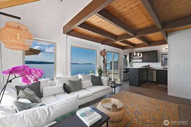 8200 Naketa Beach Walk, Mukilteo, WA 98275 - living area with dark wood finished floors, wood ceiling with exposed beams, wooden walls, and a water view