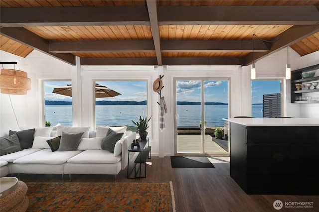 8200 Naketa Beach Walk, Mukilteo, WA 98275 - living area featuring wood ceiling, dark wood-style flooring, and a water view