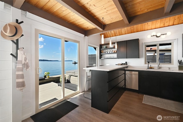 8200 Naketa Beach Walk, Mukilteo, WA 98275 - kitchen featuring dishwasher, a sink, dark cabinets, wooden ceiling with exposed beams, and light countertops