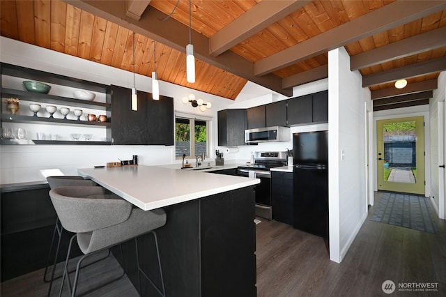8200 Naketa Beach Walk, Mukilteo, WA 98275 - kitchen featuring stainless steel appliances, dark cabinetry, wooden ceiling, a sink, and light countertops