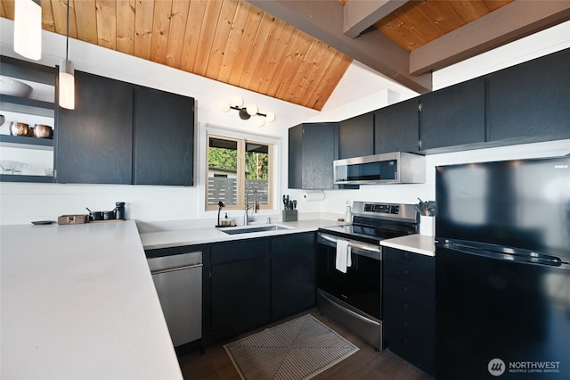 8200 Naketa Beach Walk, Mukilteo, WA 98275 - kitchen featuring appliances with stainless steel finishes, a sink, wooden ceiling, dark cabinets, and light countertops