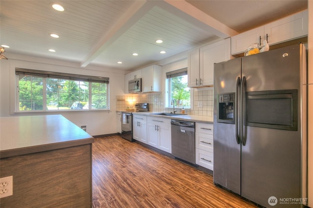 872 Albion Ave SE, Ocean Shores, WA 98569 - kitchen with appliances with stainless steel finishes, a sink, beamed ceiling, white cabinets, and dark wood-type flooring