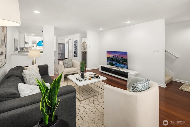 379 100th Ave NE Unit A, Bellevue, WA 98004 - living area featuring stairway, wood finished floors, recessed lighting, and baseboards