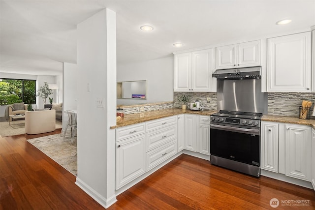 379 100th Ave NE Unit A, Bellevue, WA 98004 - kitchen with electric range, under cabinet range hood, dark wood finished floors, light stone counters, and white cabinetry