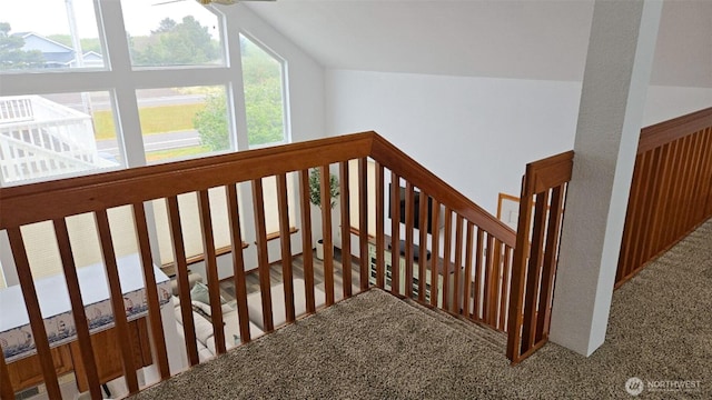 1249 E Ocean Shores Blvd SW, Ocean Shores, WA 98569 - staircase with carpet, lofted ceiling, and ceiling fan